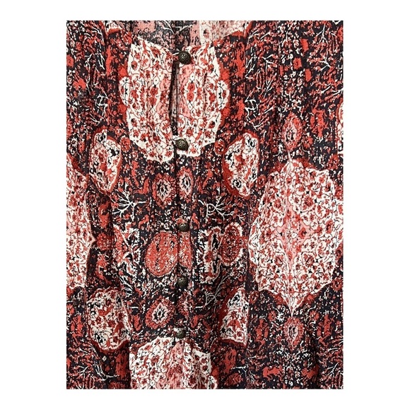 Lucky Brand Long Sleeve Printed Blouse Medium Brick Red Tie Cuff Lightweight Top - Picture 6 of 7